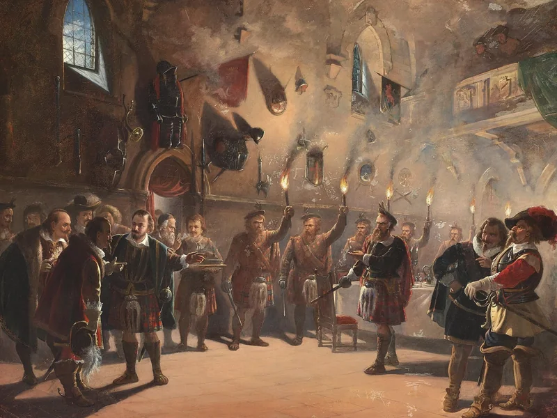 1828-Knud Gamborg - Due distinti gentiluomini arrivano alla sala dei cavalieri con degli scozzesi in kilt